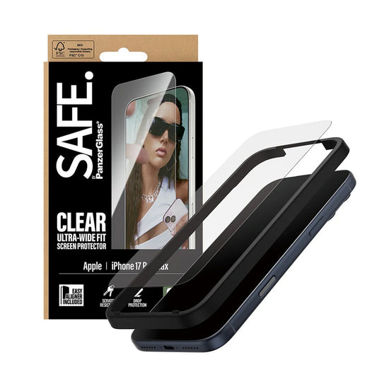 Защитно фолио за екран PanzerGlass Safe. Ultra-Wide Fit EasyAligner за Apple iPhone 17 Pro Max, закалено стъкло, Full Glue.