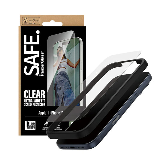 Защитно фолио за екран PanzerGlass Safe. Ultra-Wide Fit EasyAligner за Apple iPhone 17 Pro, Закалено стъкло, Пълно залепване