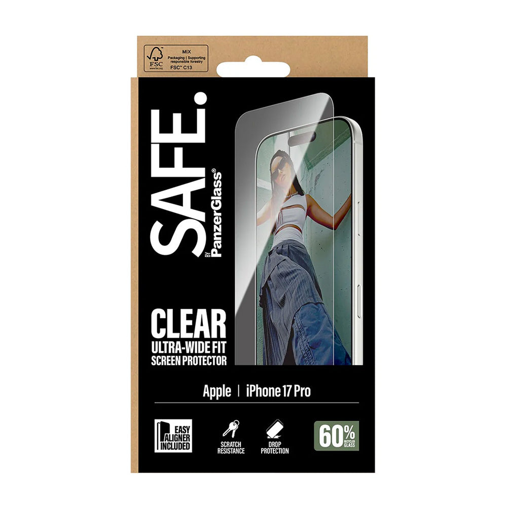 Защитно фолио за екран PanzerGlass Safe. Ultra-Wide Fit EasyAligner за Apple iPhone 17 Pro, Закалено стъкло, Пълно залепване