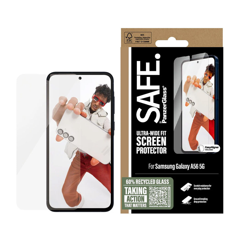 Фолио за защита на екрана PanzerGlass Safe. Ultra-Wide Fit EasyAligner за Samsung Galaxy A56 A566, Закалено стъкло, Пълно залепване