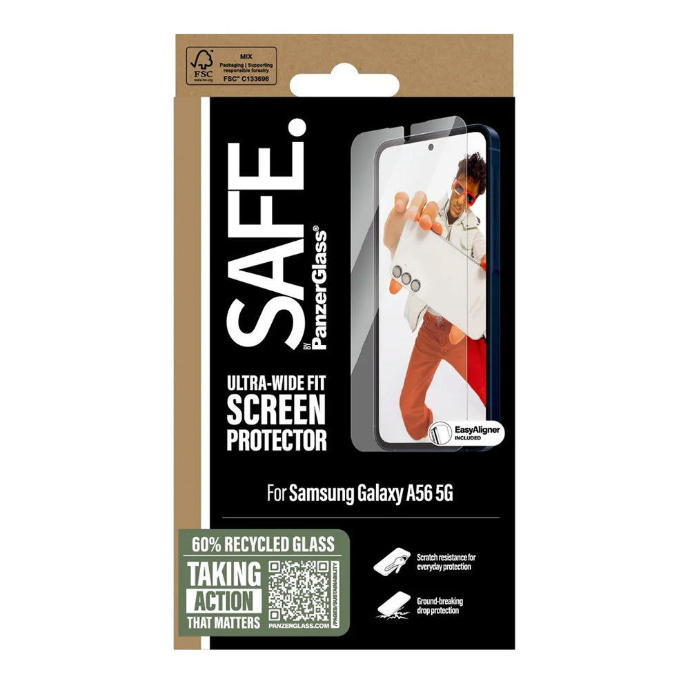 Фолио за защита на екрана PanzerGlass Safe. Ultra-Wide Fit EasyAligner за Samsung Galaxy A56 A566, Закалено стъкло, Пълно залепване