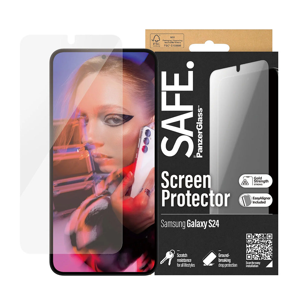 Защитно фолио за екран PanzerGlass Safe. Ultra-Wide Fit EasyAligner за Samsung Galaxy S24 S921, закалено стъкло, Full Glue.