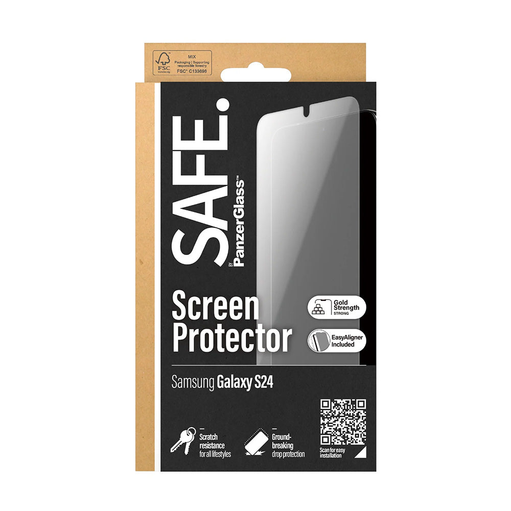 Защитно фолио за екран PanzerGlass Safe. Ultra-Wide Fit EasyAligner за Samsung Galaxy S24 S921, закалено стъкло, Full Glue.