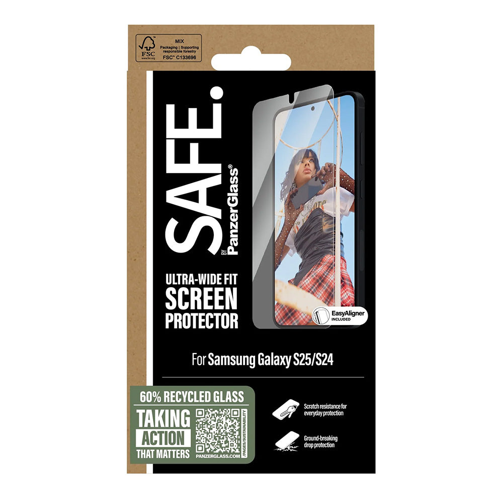 Защитно фолио за екран PanzerGlass Safe. Ultra-Wide Fit EasyAligner за Samsung Galaxy S25 S931 / S24 S921, Закалено стъкло, Пълно залепване.