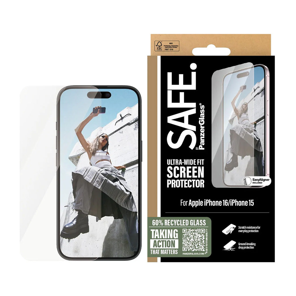 Защитно фолио за екран PanzerGlass Safe. Ultra-Wide Fit за Apple iPhone 16 / 15, закалено стъкло, Full Glue.
