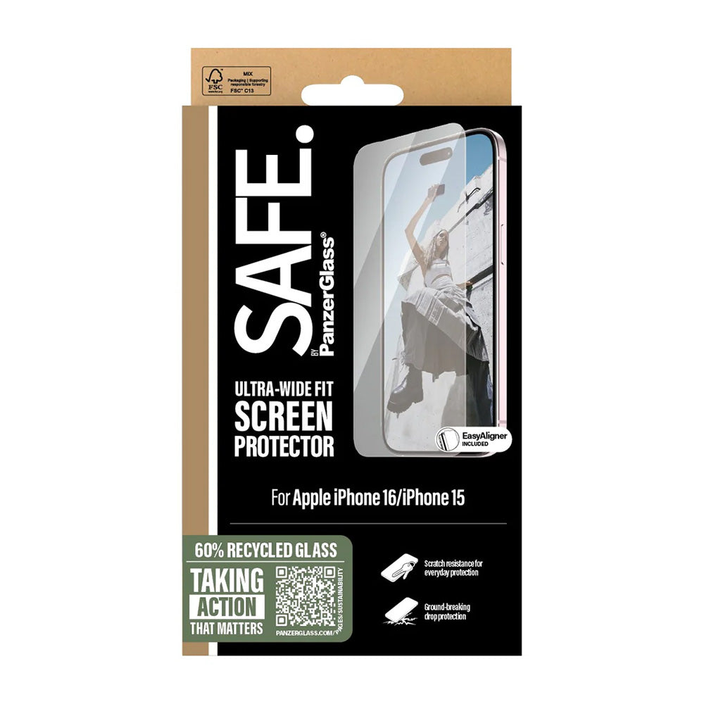 Защитно фолио за екран PanzerGlass Safe. Ultra-Wide Fit за Apple iPhone 16 / 15, закалено стъкло, Full Glue.