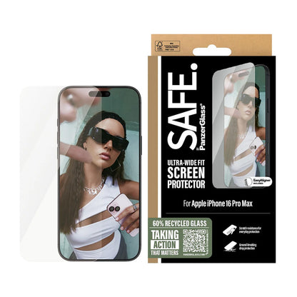 Защитно фолио за екран PanzerGlass Safe. Ultra-Wide Fit за Apple iPhone 16 Pro Max, закалено стъкло, Full Glue.