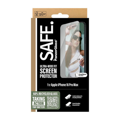 Защитно фолио за екран PanzerGlass Safe. Ultra-Wide Fit за Apple iPhone 16 Pro Max, закалено стъкло, Full Glue.