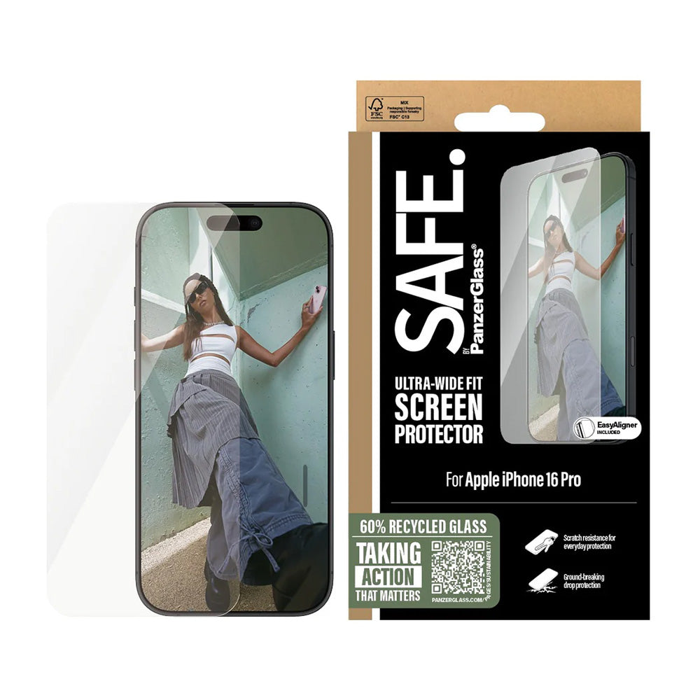 Защитно фолио за екран PanzerGlass Safe. Ultra-Wide Fit за Apple iPhone 16 Pro, закалено стъкло, Full Glue.