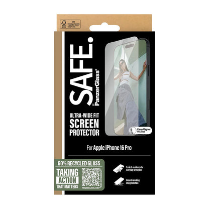 Защитно фолио за екран PanzerGlass Safe. Ultra-Wide Fit за Apple iPhone 16 Pro, закалено стъкло, Full Glue.