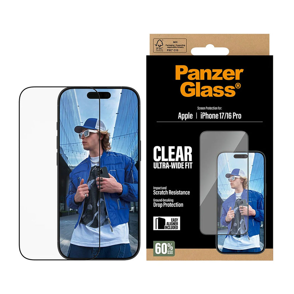 Защитно фолио за екран PanzerGlass Ultra-Wide Fit EasyAligner за Apple iPhone 17 / 16 Pro, закалено стъкло, пълно залепване, черно