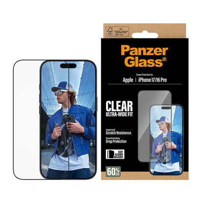 Защитно фолио за екран PanzerGlass Ultra-Wide Fit EasyAligner за Apple iPhone 17 / 16 Pro, закалено стъкло, пълно залепване, черно