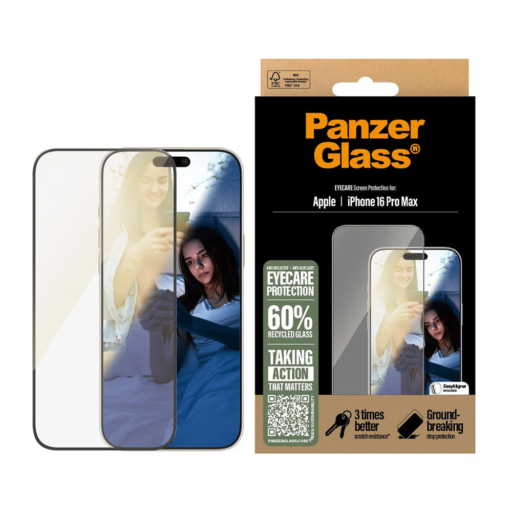 Защитно фолио за екран PanzerGlass Ultra-Wide Fit EyeCare за Apple iPhone 16 Pro Max, закалено стъкло, Full Glue, черно