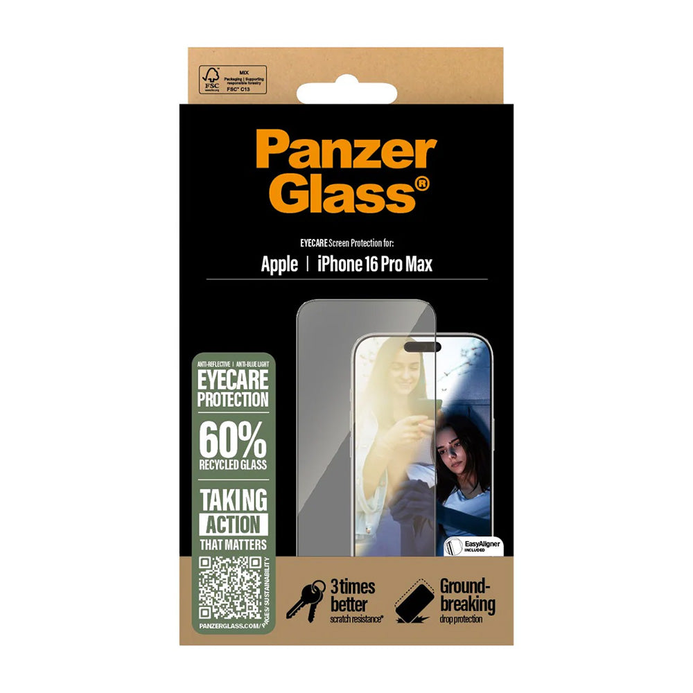 Защитно фолио за екран PanzerGlass Ultra-Wide Fit EyeCare за Apple iPhone 16 Pro Max, закалено стъкло, Full Glue, черно