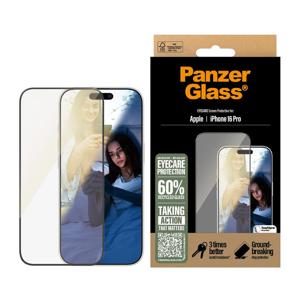 Защитно фолио за екран PanzerGlass Ultra-Wide Fit EyeCare за Apple iPhone 16 Pro, закалено стъкло, Full Glue, черно