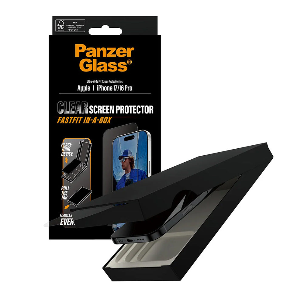 Защитно фолио за екран PanzerGlass Ultra-Wide Fit Fastfit за Apple iPhone 17 / 16 Pro, закалено стъкло, Full Glue, черно