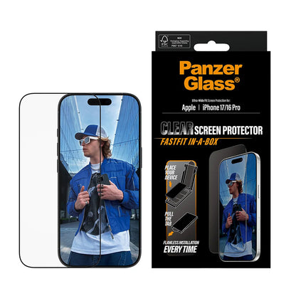 Защитно фолио за екран PanzerGlass Ultra-Wide Fit Fastfit за Apple iPhone 17 / 16 Pro, закалено стъкло, Full Glue, черно