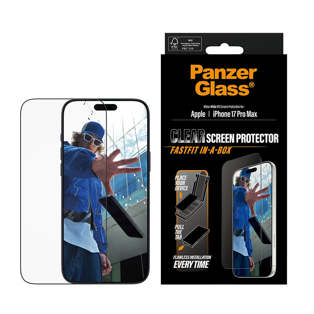 Защитно фолио за екран PanzerGlass Ultra-Wide Fit Fastfit за Apple iPhone 17 Pro Max, закалено стъкло, Full Glue, черно