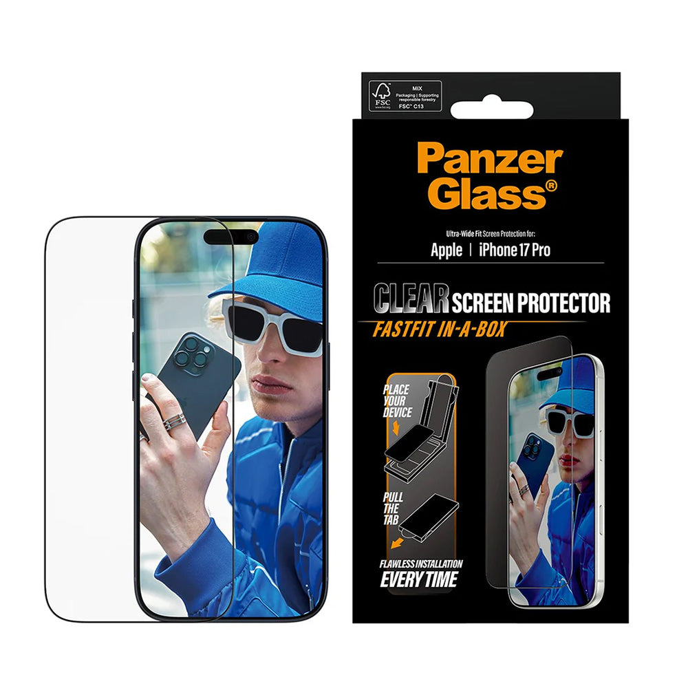 Защитно фолио за екран PanzerGlass Ultra-Wide Fit Fastfit за Apple iPhone 17 Pro, закалено стъкло, Full Glue, черно