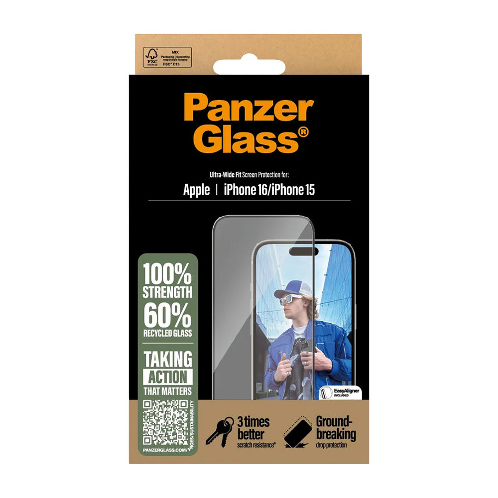 Защитно фолио за екран PanzerGlass Ultra-Wide Fit за Apple iPhone 16 / 15, закалено стъкло, Full Glue, черно