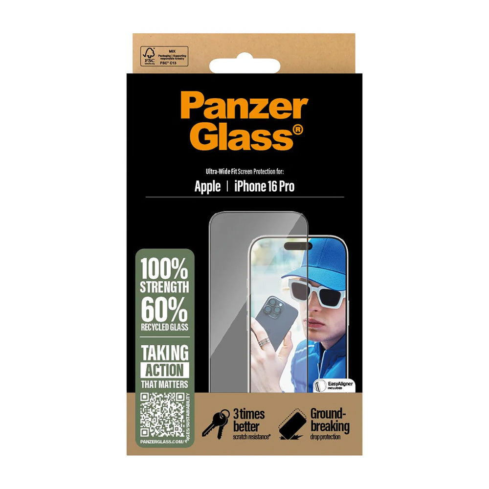 Защитно фолио за екран PanzerGlass Ultra-Wide Fit за Apple iPhone 16 Pro, закалено стъкло, Full Glue, черно