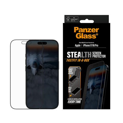 Защитно фолио за екран PanzerGlass Ultra-Wide Fit Stealth Fastfit за Apple iPhone 17 / 16 Pro, Закалено стъкло, Пълно лепило, Черно