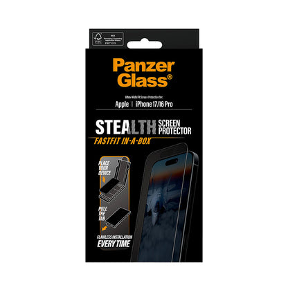 Защитно фолио за екран PanzerGlass Ultra-Wide Fit Stealth Fastfit за Apple iPhone 17 / 16 Pro, Закалено стъкло, Пълно лепило, Черно