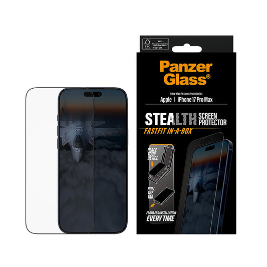 Защитно фолио за екран PanzerGlass Ultra-Wide Fit Stealth Fastfit за Apple iPhone 17 Pro Max, закалено стъкло, Full Glue, черно