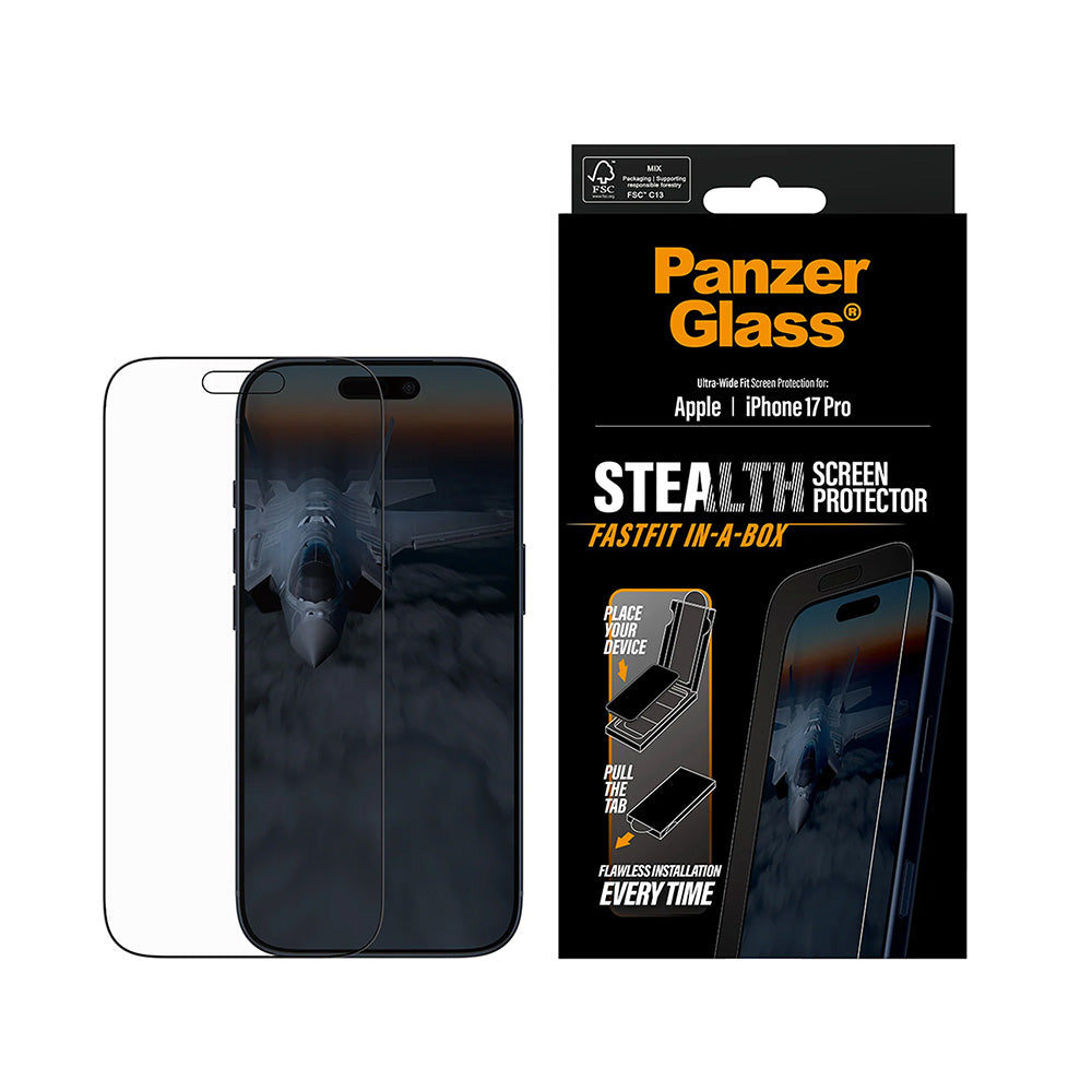 Защитно фолио за екран PanzerGlass Ultra-Wide Fit Stealth Fastfit за Apple iPhone 17 Pro, закалено стъкло, пълно лепило, черно