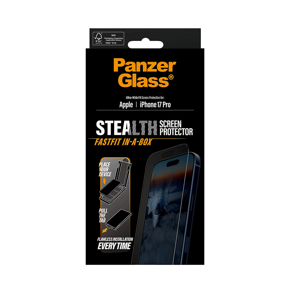 Защитно фолио за екран PanzerGlass Ultra-Wide Fit Stealth Fastfit за Apple iPhone 17 Pro, закалено стъкло, пълно лепило, черно