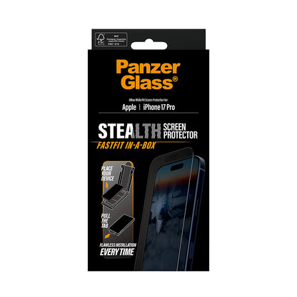 Защитно фолио за екран PanzerGlass Ultra-Wide Fit Stealth Fastfit за Apple iPhone 17 Pro, закалено стъкло, пълно лепило, черно
