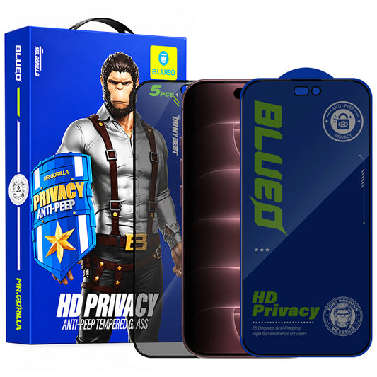 Защитно фолио за екран Privacy Blueo Anti-Peep за Apple iPhone 18 Pro Max, закалено стъкло, Full Glue, комплект от 5 броя