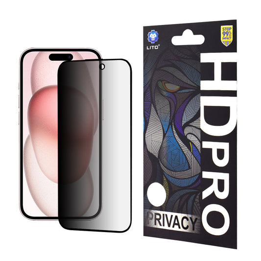 Протектор за екран Privacy Lito HD Pro за Apple iPhone 15, закалено стъкло, пълно залепване