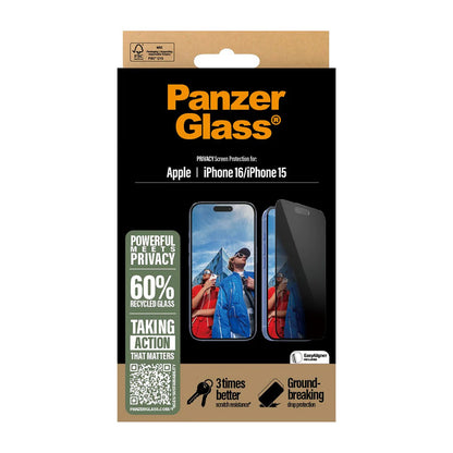 Защитно фолио за екран Privacy PanzerGlass Ultra-Wide Fit EasyAligner за Apple iPhone 16 / 15, закалено стъкло, Full Glue