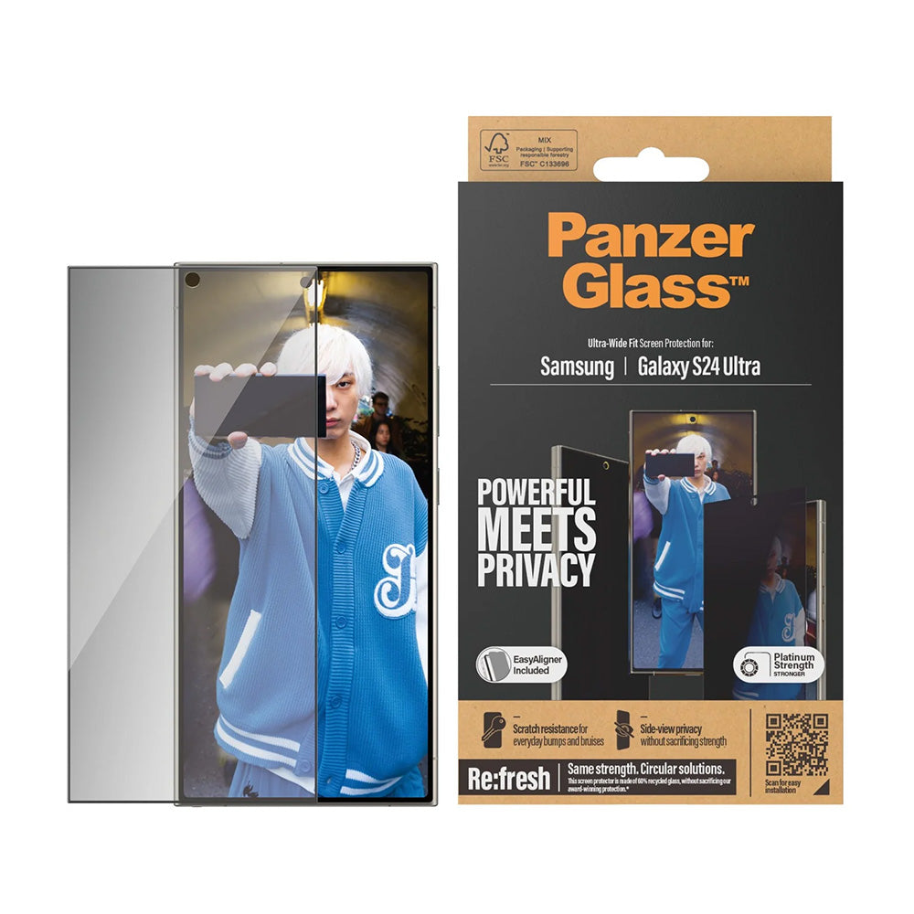 Фолио за защита на екрана Privacy PanzerGlass Ultra-Wide Fit EasyAligner за Samsung Galaxy S24 Ultra S928, Закалено стъкло, Пълно залепване