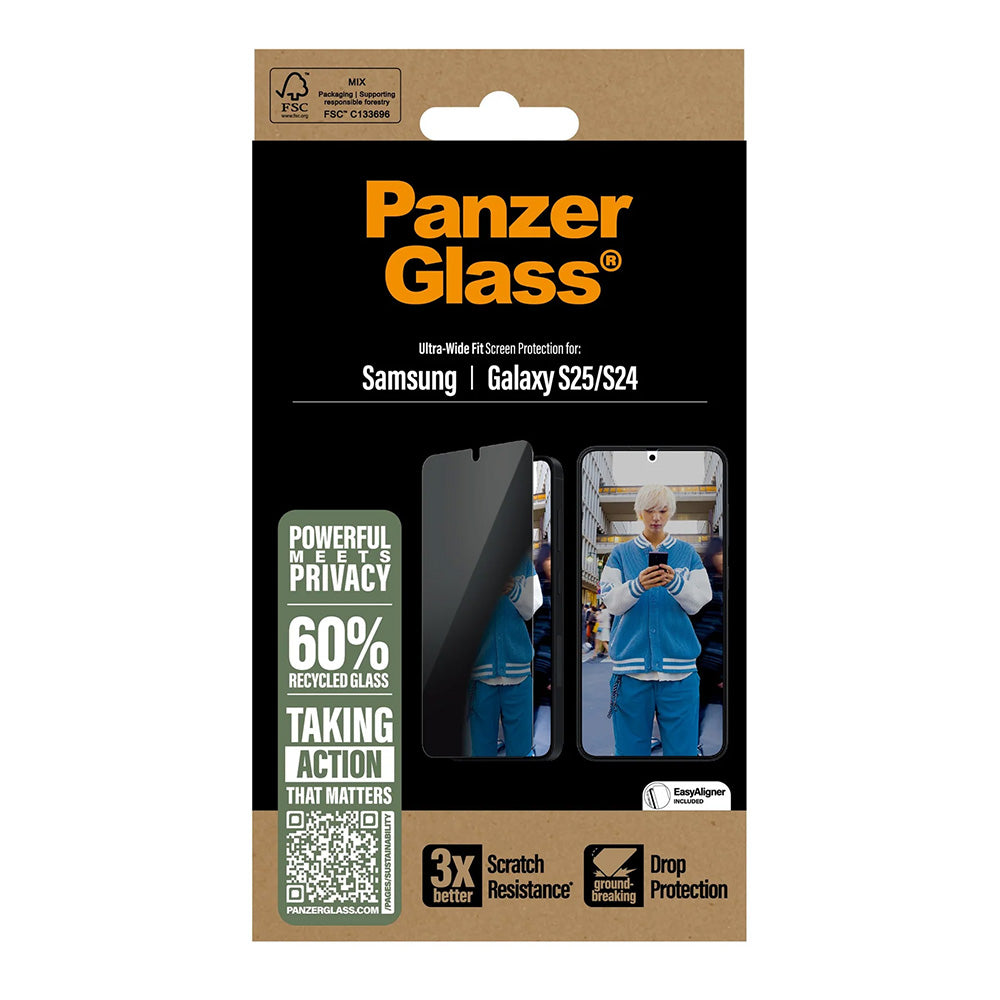 Фолио за защита на екрана Privacy PanzerGlass Ultra-Wide Fit за Samsung Galaxy S25 S931 / S24 S921, Закалено стъкло, Пълно залепване