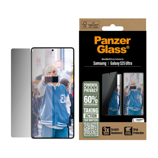 Фолио за защита на екрана Privacy PanzerGlass Ultra-Wide Fit за Samsung Galaxy S25 Ultra S938, закалено стъкло, Full Glue