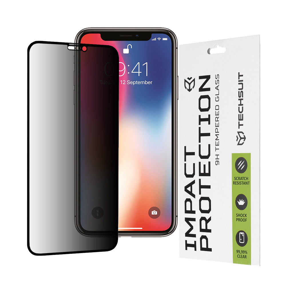 Протектор за екран Privacy Techsuit за Apple iPhone 11 Pro / XS / X, закалено стъкло, пълно залепване, 111D
