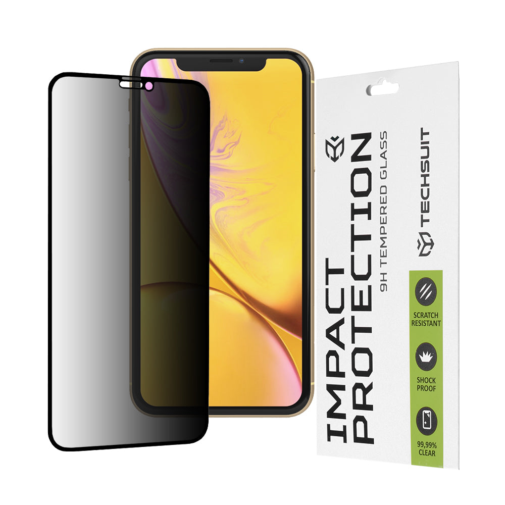 Протектор за екран Privacy Techsuit за Apple iPhone 11 / XR, закалено стъкло, пълно залепване, 111D
