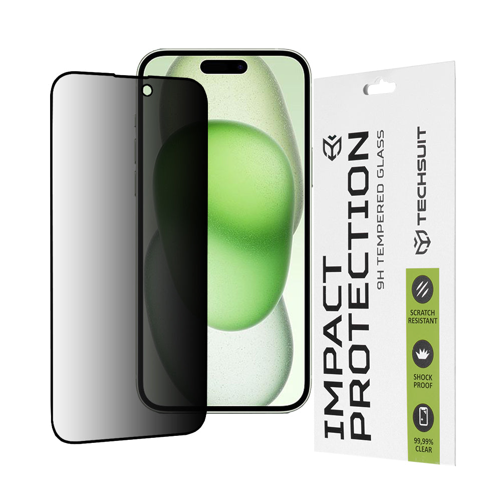 Протектор за екран Privacy Techsuit за Apple iPhone 16 Plus / 15 Plus, закалено стъкло, пълно залепване, 111D