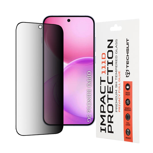 Протектор за екран Privacy Techsuit за Oppo Reno16 / Reno16 Pro, закалено стъкло, пълно залепване, 111D
