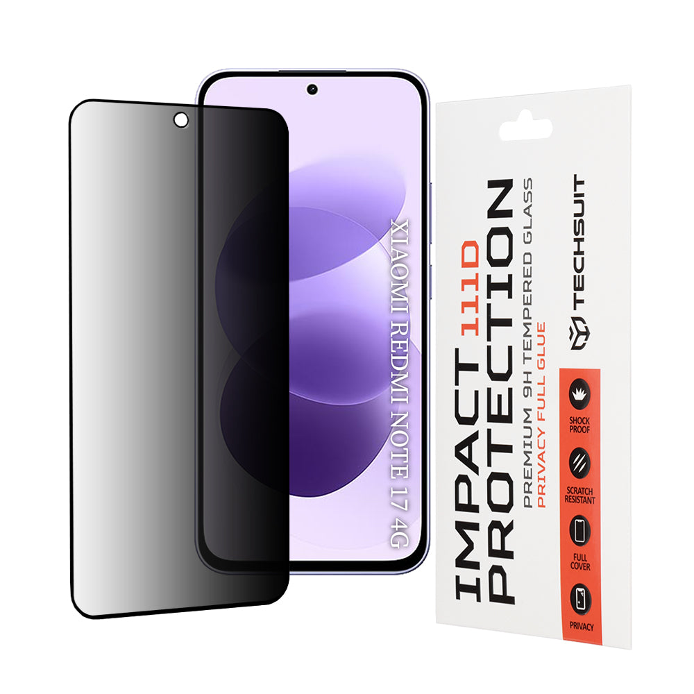 Протектор за екран Privacy Techsuit за Xiaomi Redmi Note 17 4G / Note 17 5G, закалено стъкло, Full Glue, 111D