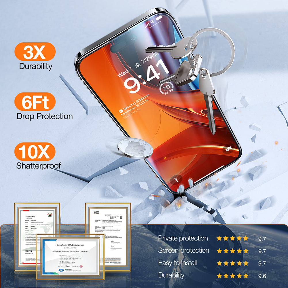 Защитно фолио за екран Privacy Torras GlassGo Epic за Apple iPhone 15 Pro Max, закалено стъкло, Full Glue