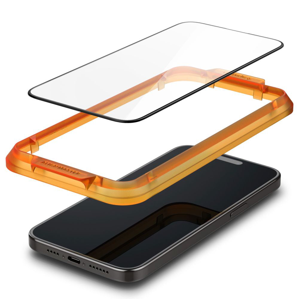 Защитно фолио за екран Spigen GlastR Align Master за Apple iPhone 15 Plus, закалено стъкло, пълно лепило, комплект от 2 броя, черно AGL06886