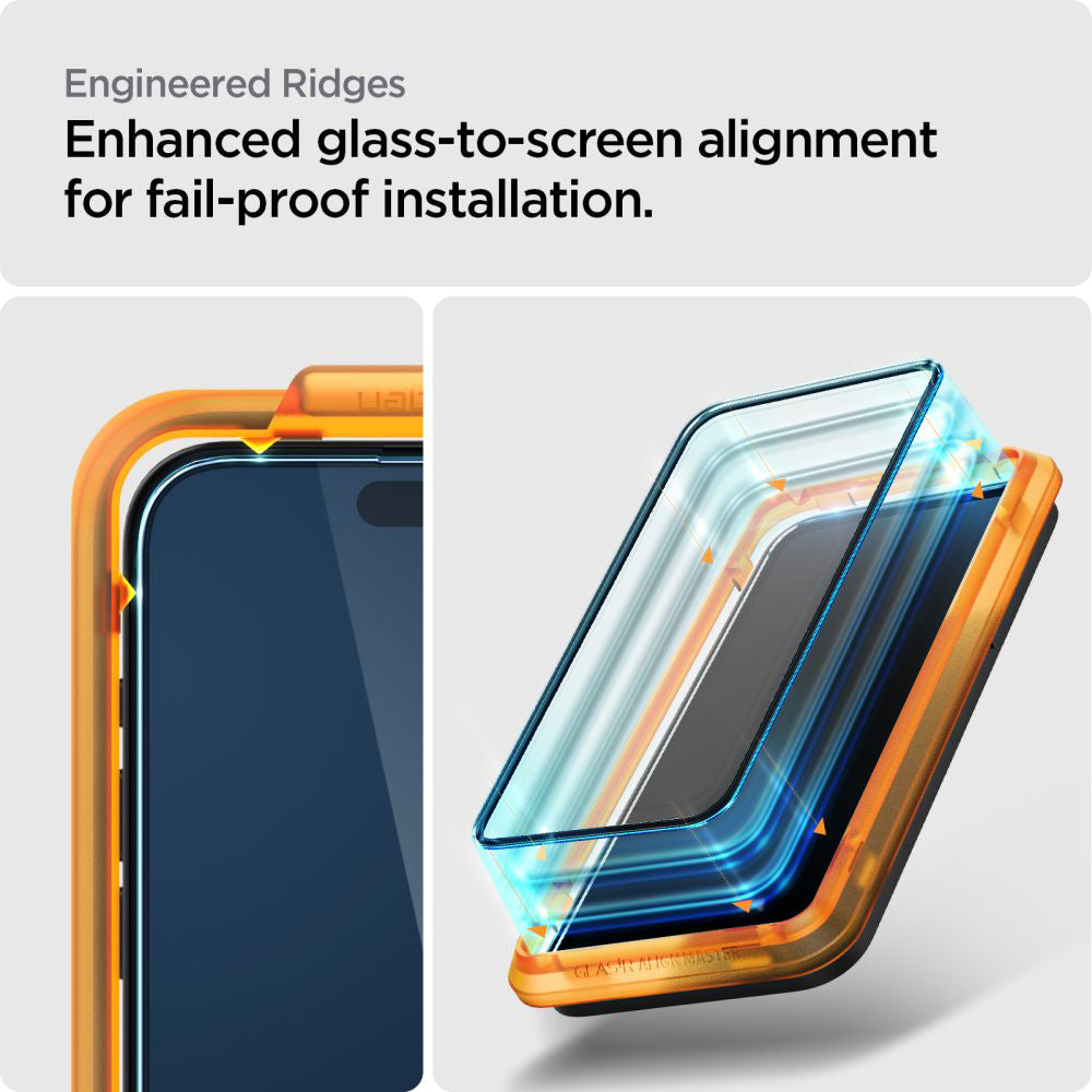 Защитно фолио за екран Spigen GlastR Align Master за Apple iPhone 15 Plus, закалено стъкло, пълно лепило, комплект от 2 броя, черно AGL06886