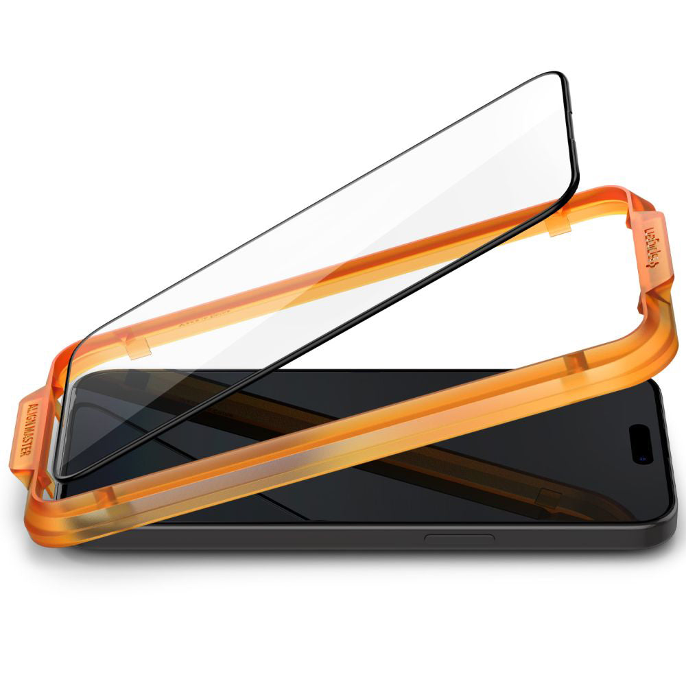 Защитно фолио за екран Spigen GlastR Align Master за Apple iPhone 15 Plus, закалено стъкло, пълно лепило, комплект от 2 броя, черно AGL06886