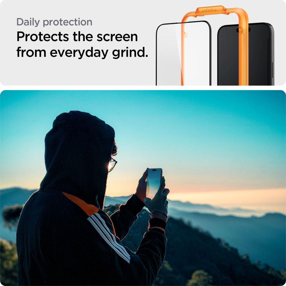 Защитно фолио за екран Spigen GlastR Align Master за Apple iPhone 15 Plus, закалено стъкло, пълно лепило, комплект от 2 броя, черно AGL06886