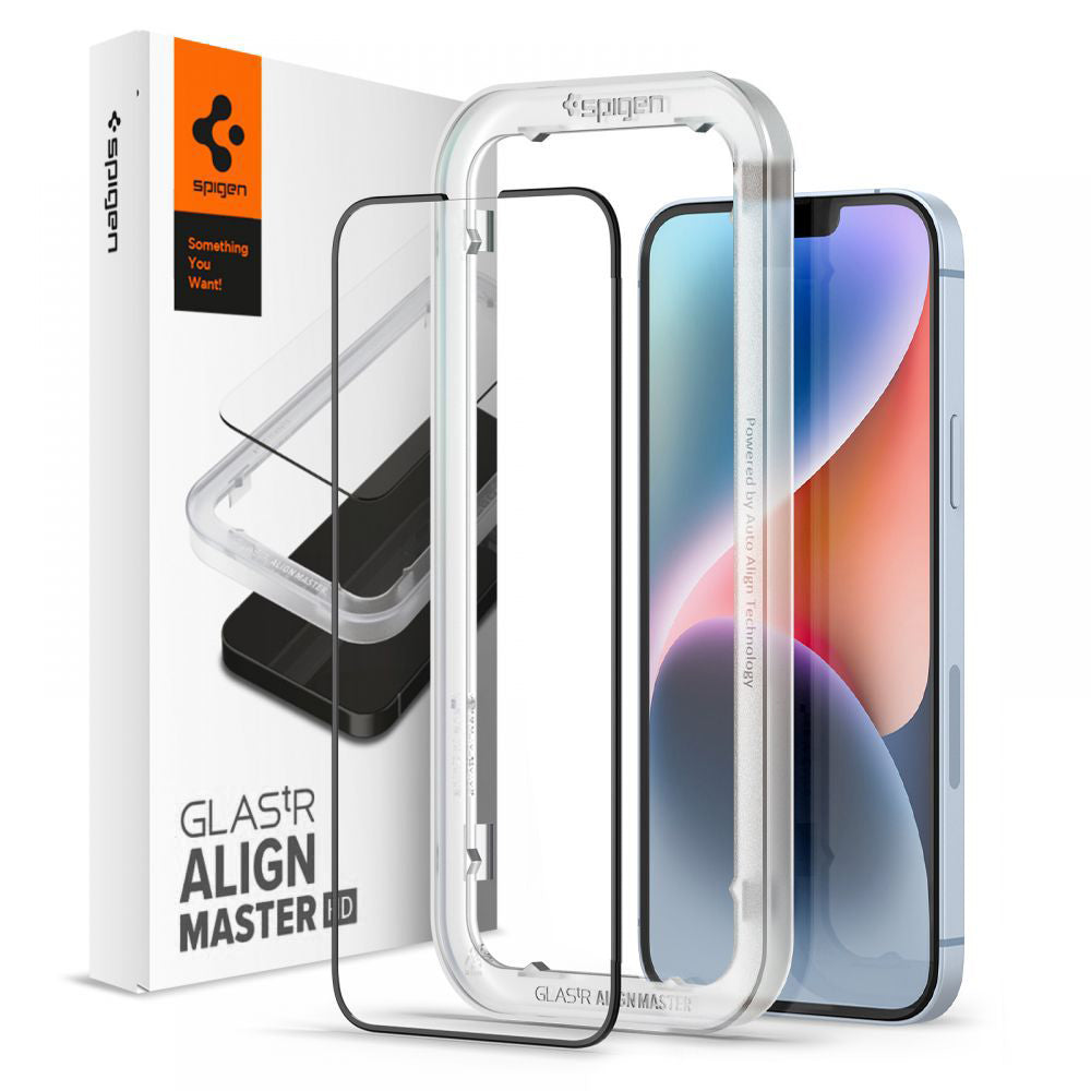 Защитно фолио за екран Spigen GlastR Align Master за Apple iPhone 17e / 16e / 14 / 13 Pro, закалено стъкло, пълно залепване, черно AGL03725