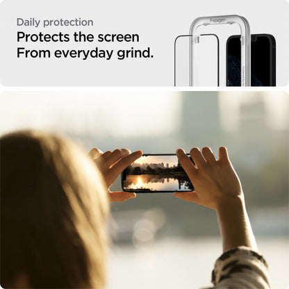 Защитно фолио за екран Spigen GlastR Align Master за Apple iPhone 17e / 16e / 14 / 13 Pro, закалено стъкло, пълно залепване, черно AGL03725