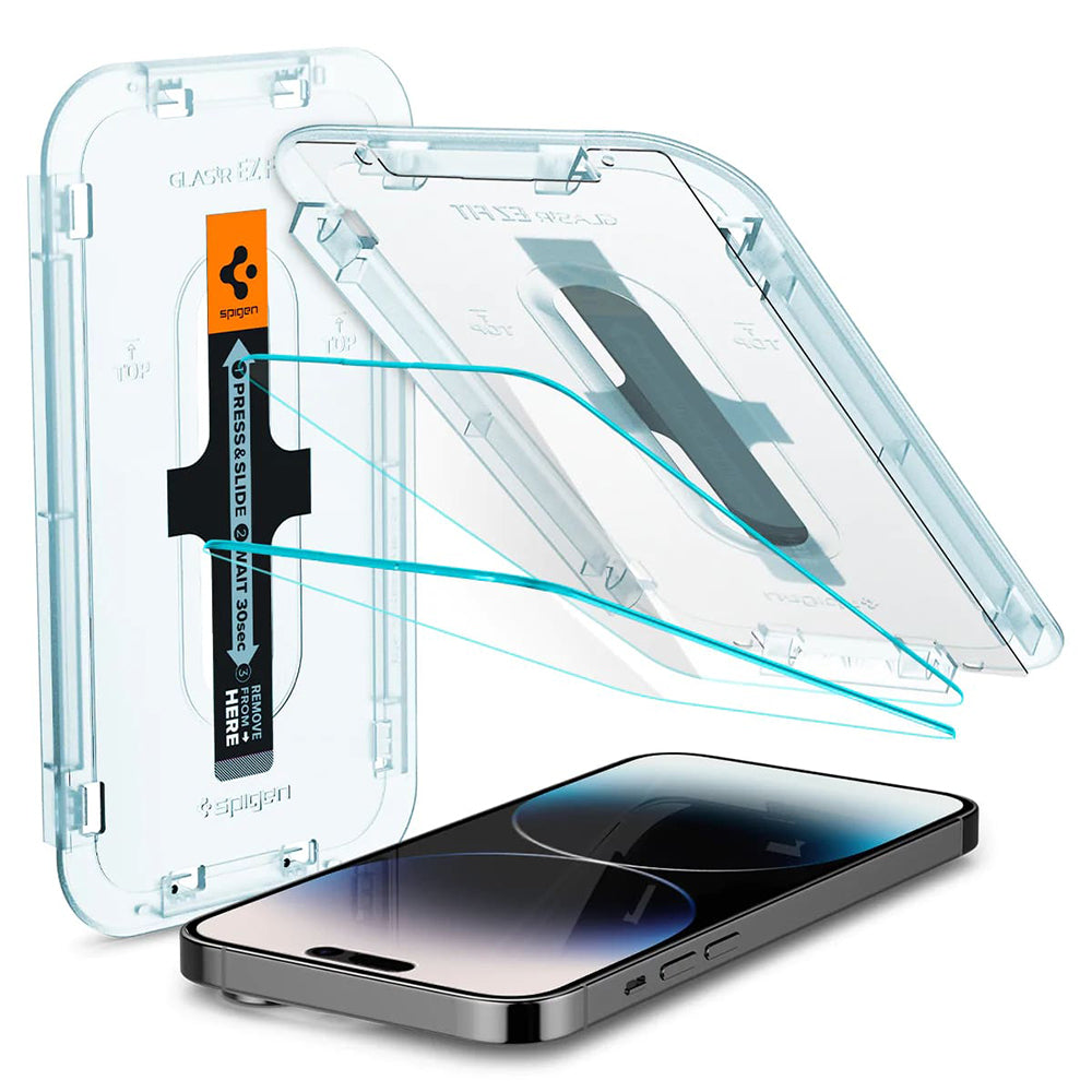 Фолио за защита на екрана Spigen GlastR EZ FIT за Apple iPhone 14 Pro, закалено стъкло, пълно залепване, комплект от 2 броя